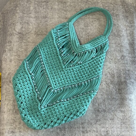 Macrame Crochet Teal Cross Body Purse Made In India Boho Hippie - Picture 1 of 10